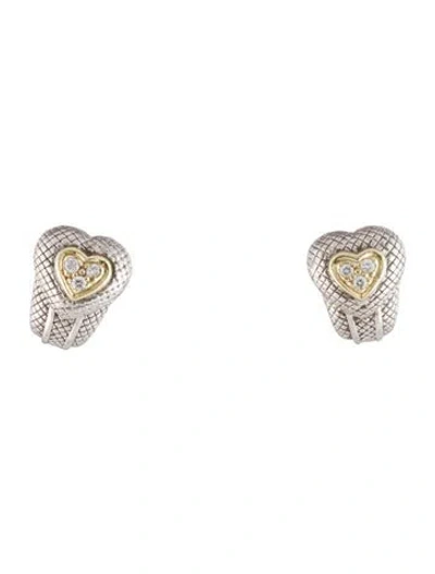 Pre-owned Judith Ripka Diamond Heart Two-tone Earclips In Multi