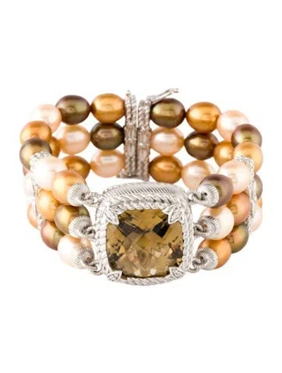 Pre-owned Judith Ripka Dyed Pearl, Quartz & Cubic Zirconia Multistrand Bracelet, 5.75" In Multicolor