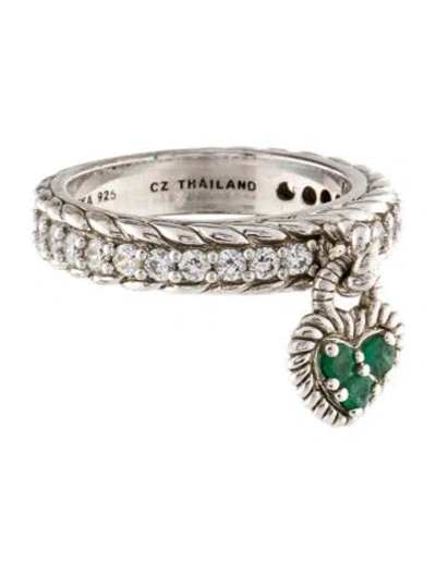 Pre-owned Judith Ripka Emerald & Cubic Zirconia Heart Dangle Ring In Multi