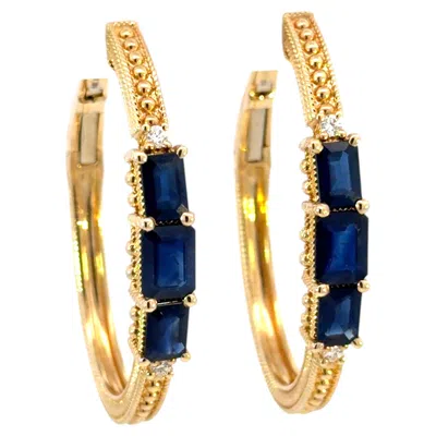 Pre-owned Judith Ripka Emerald Cut Sapphire Diamond Hoop Earrings 14k Yellow Gold