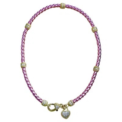 Pre-owned Judith Ripka Judith Ripca Gold Tone Sterling Silver And Cz Pink Rope Heart Necklace