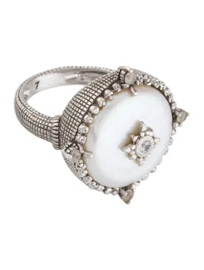Pre-owned Judith Ripka Mother Of Pearl, Sapphire & Diamond Cocktail Ring In White