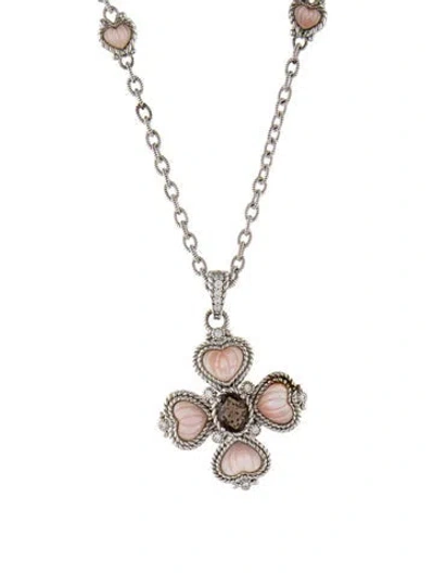Pre-owned Judith Ripka Mother Of Pearl, Smoky Quartz & Cubic Zirconia Heart Cross Pendant Necklace, 20" In Multi