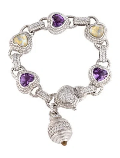 Pre-owned Judith Ripka Mother Of Pearl,amethyst & Quartz Heart Charm Bracelet, 6.75" In Multi