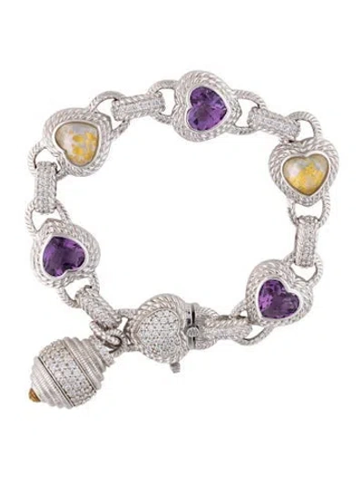 Pre-owned Judith Ripka Multistone Heart Link Charm Bracelet, 6.75"