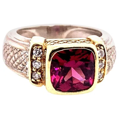 Pre-owned Judith Ripka Natural Diamond And 8mm Cushion Grape Garnet Cocktail Estate Ring In Purple