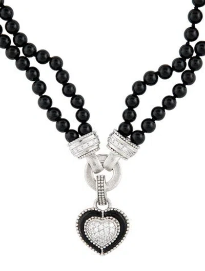 Pre-owned Judith Ripka Onyx & Cubic Zirconia Heart Pendant Bead Necklace, 18" In Multi