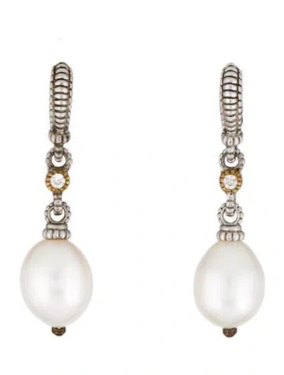 Pre-owned Judith Ripka Pearl & Diamond Drop Earrings In Multicolor