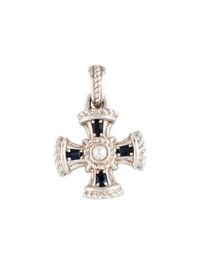 Pre-owned Judith Ripka Pearl & Sapphire Cross Pendant In Multicolor