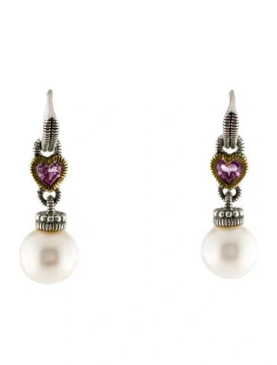 Pre-owned Judith Ripka Pearl & Synthetic Pink Sapphire Drop Earrings In Multi
