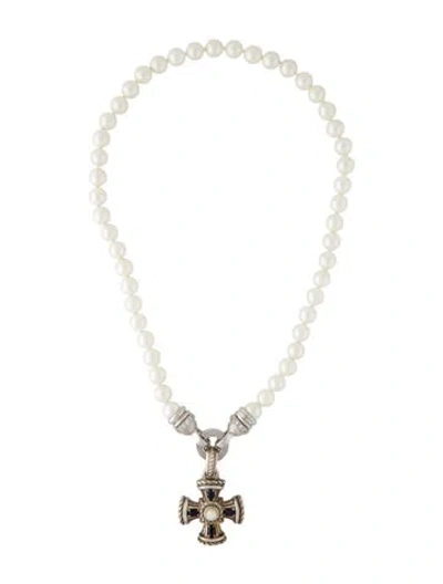 Pre-owned Judith Ripka Pearl, Cubic Zirconia & Sapphire Cross Enhancer Pendant Necklace, 18" In Multi