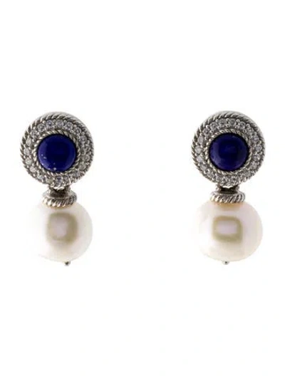 Pre-owned Judith Ripka Pearl, Lapis Lazuli, & Cubic Zirconia Drop Earrings In Multi