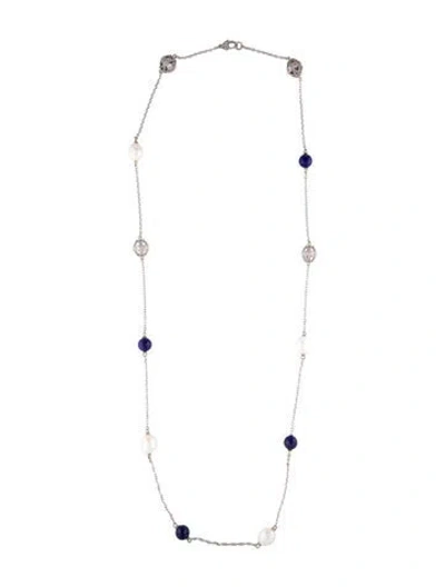 Pre-owned Judith Ripka Pearl Lapis Lazuli & Cubic Zirconia Station Necklace, 35" In Multi
