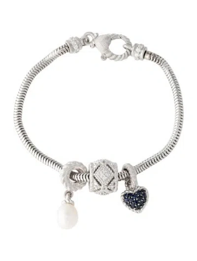 Pre-owned Judith Ripka Pearl, Sapphire & Cubic Zirconia Charm Bracelet, 6.75" In Multicolor