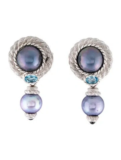 Pre-owned Judith Ripka Pearl, Sapphire & Topaz Drop Earrings In Multicolor