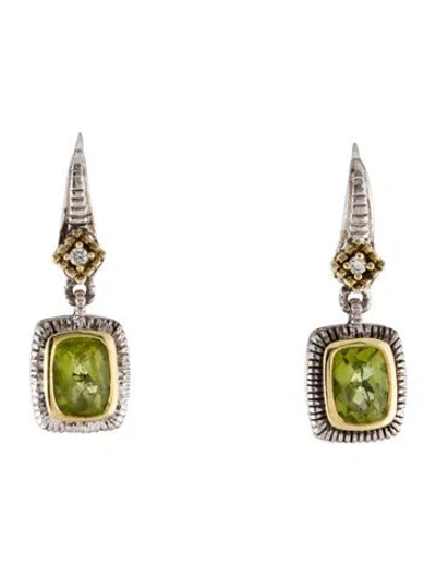 Pre-owned Judith Ripka Peridot & Diamond Drop Earrings In Green