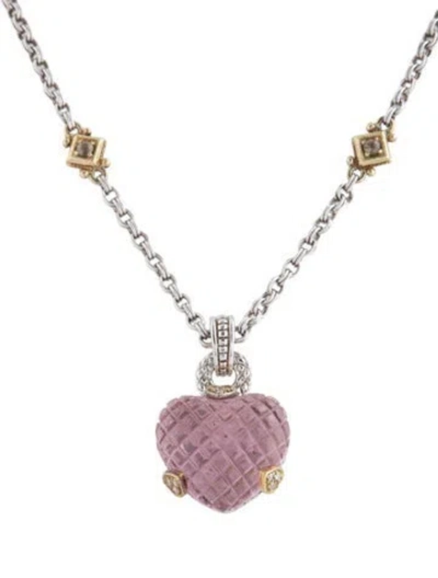 Pre-owned Judith Ripka Quartz, Diamond & Cubic Zirconia Heart Pendant Necklace, 16" In Pink