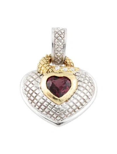 Pre-owned Judith Ripka Rhodolite Garnet & Diamond Heart Pendant, 1.25" In Multicolor