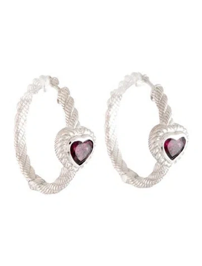 Pre-owned Judith Ripka Rhodolite Garnet Heart Hoop Earrings In Multicolor