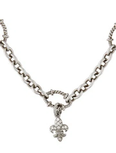 Pre-owned Judith Ripka Smoky Quartz & Cubic Zirconia Fleur De Lis Toggle Chain Link Necklace, 16" In Multicolor