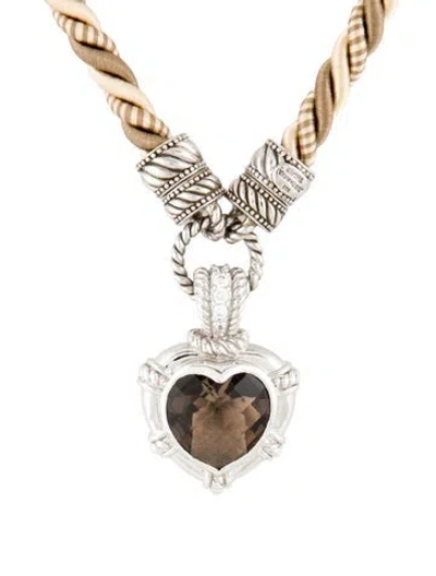 Pre-owned Judith Ripka Smoky Quartz & Cubic Zirconia Heart Enhancer Pendant Cord Necklace, 18.5" In Brown