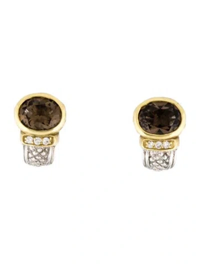 Pre-owned Judith Ripka Smoky Quartz & Diamond Earclips In Multi