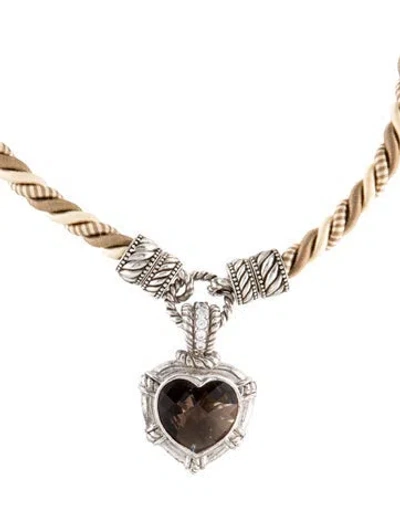 Pre-owned Judith Ripka Smoky Quartz, Cubic Zirconia & Silk Cord Heart Shaped Pendant Necklace, 17" In Brown