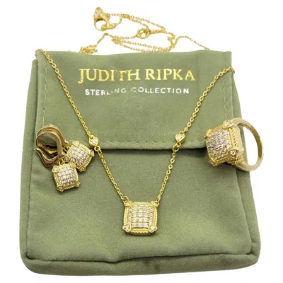 Pre-owned Judith Ripka Sterling Gold Vermeil Cz Set Earrings, Necklace & Ring Heart Design In Multi