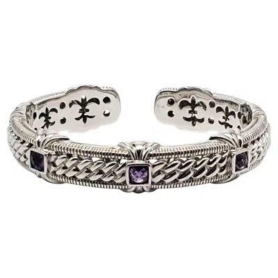 Pre-owned Judith Ripka Sterling Silver Amethyst Hinged Cuff Bracelet #22425 In Purple