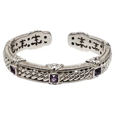 Pre-owned Judith Ripka Sterling Silver Amethyst Rope Hinged Cuff Bracelet #24101 In Purple