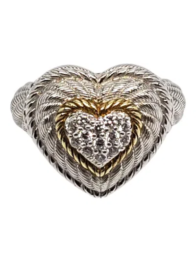 Pre-owned Judith Ripka Sterling Silver And Gold Tone Cz Pave Heart Ring Size 7 #21041 In Multi
