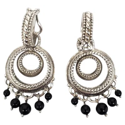 Pre-owned Judith Ripka Sterling Silver Black Bead Double Circle Drop Earrings #24455
