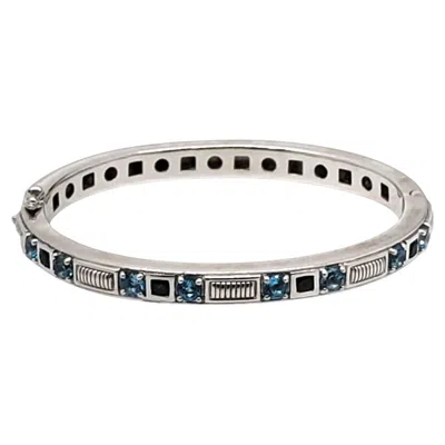 Pre-owned Judith Ripka Sterling Silver Blue Stone Oval Hinged Bangle Bracelet #23398