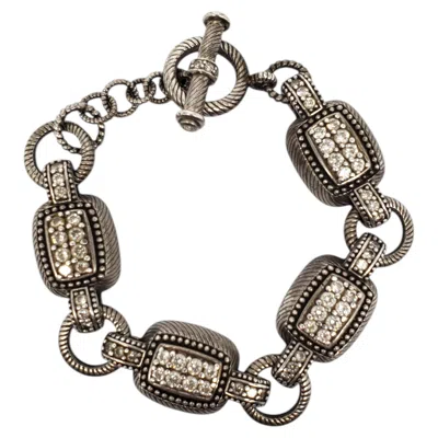 Pre-owned Judith Ripka Sterling Silver Cz Cable Link Station Toggle Bracelet #24566 In Multiple