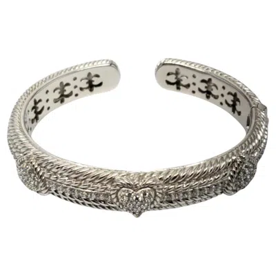 Pre-owned Judith Ripka Sterling Silver Cz Heart Hinged Cuff Bracelet # 18735 In Multi