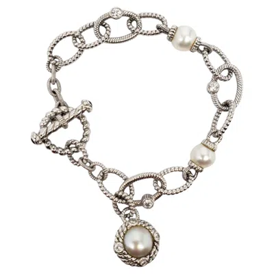 Pre-owned Judith Ripka Sterling Silver Cz Pearl Station Toggle Bracelet #24569 In Multiple