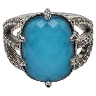 Pre-owned Judith Ripka Sterling Silver Cz Turquoise Doublet Cable Ring Size 11 #24578 In Multiple