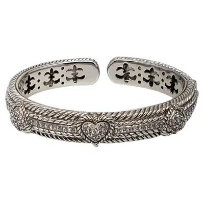 Pre-owned Judith Ripka Sterling Silver Hinged Cz Heart Cuff Bracelet #24564 In Multiple
