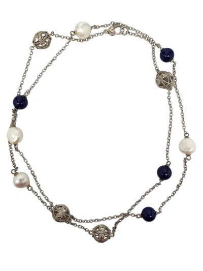 Pre-owned Judith Ripka Sterling Silver Pearl Lapis Lazuli Station Necklace #21460 In Multi