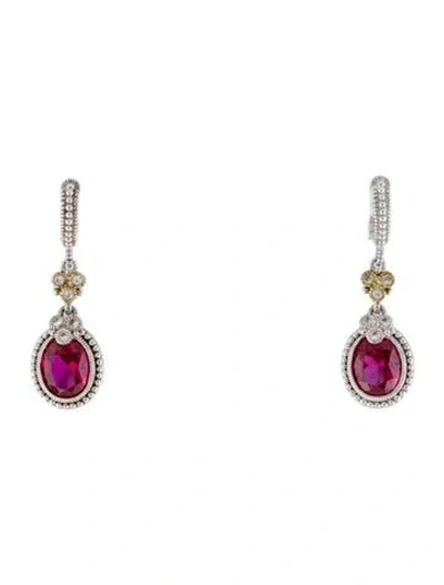 Pre-owned Judith Ripka Synthetic Ruby & Synthetic Sapphire Drop Earrings In Multi