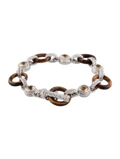 Pre-owned Judith Ripka Tiger's Eye Quartz & Citrine Link Bracelet, 7.5" In Multicolor