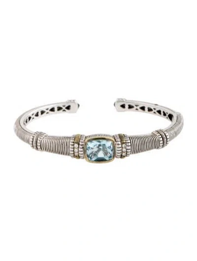 Pre-owned Judith Ripka Topaz & Diamond Cuff Bracelet, 6.25" In Blue/clear