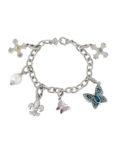 Pre-owned Judith Ripka Topaz & Multistone Link Charm Bracelet, 6.75" In Multicolor
