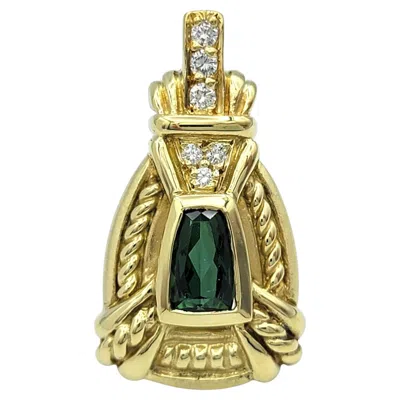 Pre-owned Judith Ripka Trapezoid Cut Green Tourmaline & Diamond Pendant In 18k Yellow Gold