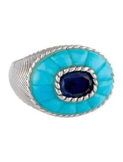 Pre-owned Judith Ripka Turquoise & Cubic Zirconia Cocktail Ring In Blue