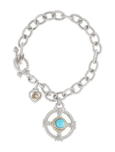 Pre-owned Judith Ripka Turquoise & Diamond Garland Link Toggle Charm Bracelet, 6.25" In Multicolor