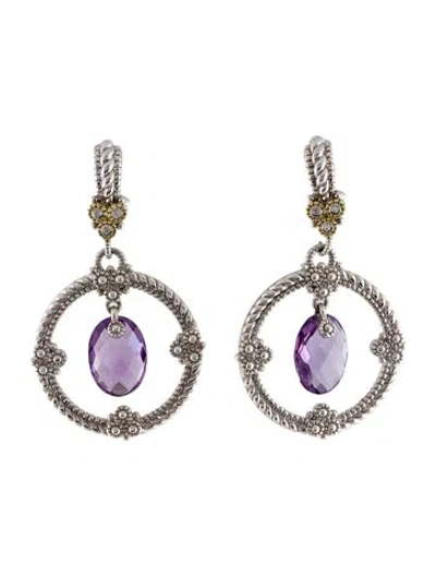 Pre-owned Judith Ripka Two-tone Amethyst & Diamond Drop Earrings In Multi