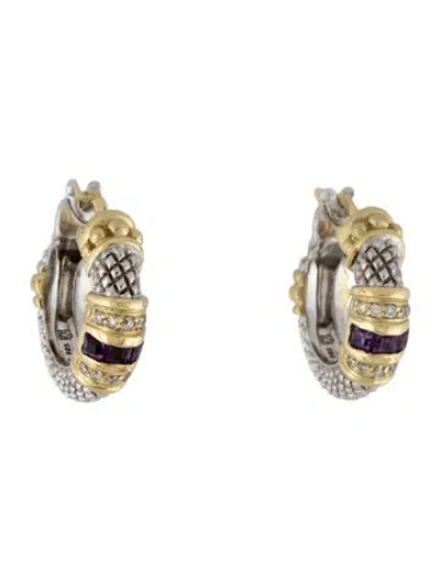 Pre-owned Judith Ripka Two-tone Amethyst & Diamond Hoop Earrings In Multicolor
