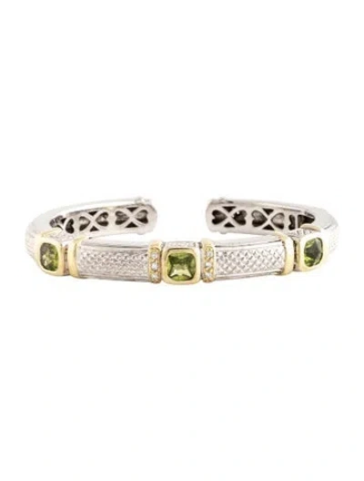 Pre-owned Judith Ripka Two-tone Diamond & Peridot Cuff Bracelet, 6" In Multicolor