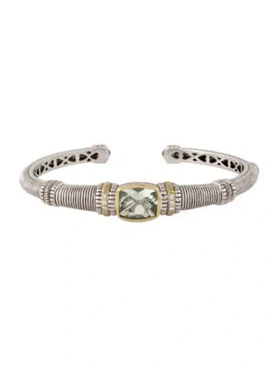 Pre-owned Judith Ripka Two-tone Prasiolite & Diamond Cuff Bracelet, 6.25" In Multicolor